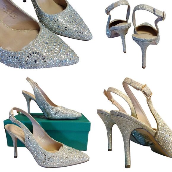 Lauren Lorraine Rachel Nude Crystal Shimmer Sling Back Heels Size 8 NIB - Picture 11 of 16